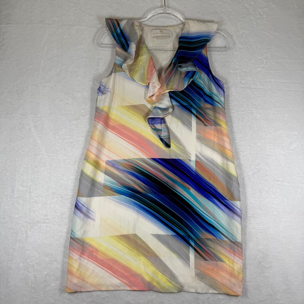 Amanda Uprichard Womens 100% Silk Ruffle Neck‎ Abstract Stripe Shift Dress Small